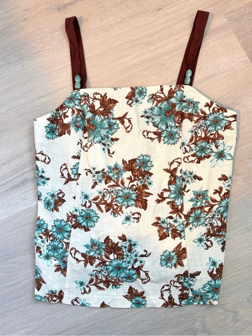 Medium CeCe Cream Floral Cami with Teal & Brown Print